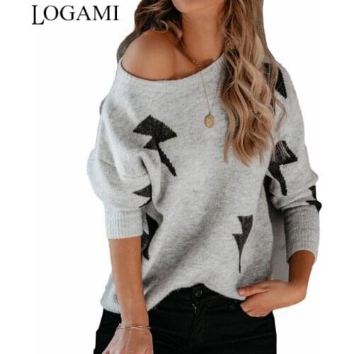 LOGAMI Geometric Knitting Sweater Women 2020 New Arrival Fashion Pullover Autumn Winter Jumper Casual