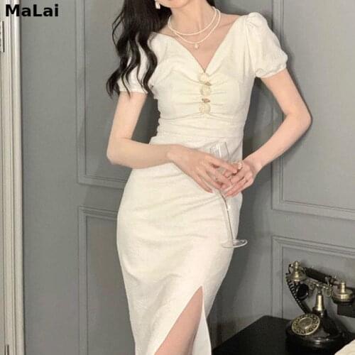 Korean 2021 Summer Chic V-Neck White Elegant Dress Women Short Sleeve Sexy Slim Dress Female Evening Party One Piece Dresses
