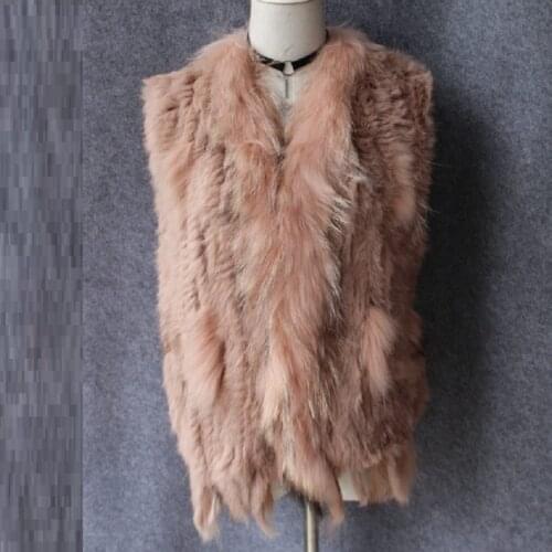 Winter coats for women orange sleeveless cardigan lady vest female knitted natural rabbit fur raccoon dog fur collar trim coat