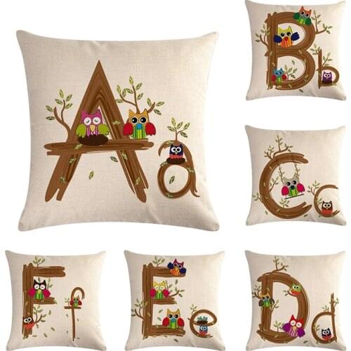 45x45cm Kids Room Decoration Letter Pillow English Alphabet Linen Cushion Cover For Sofa Home Decoration Owl PillowcaseZY782