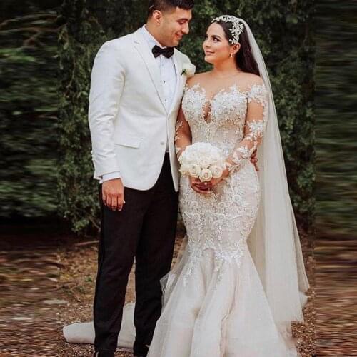 Noble Neck Mermaid Wedding Dresses with Long Sleeves Tulle Lace Appliques Beaded Church Wedding Gown Customized Bridal Dress