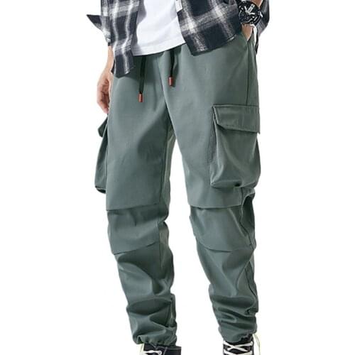 Cargo Pants Men Overalls 2021 Summer Loose Sports Casual Pants Solid Color Ankle Tied Summer Multi Pockets Drawstring Trousers