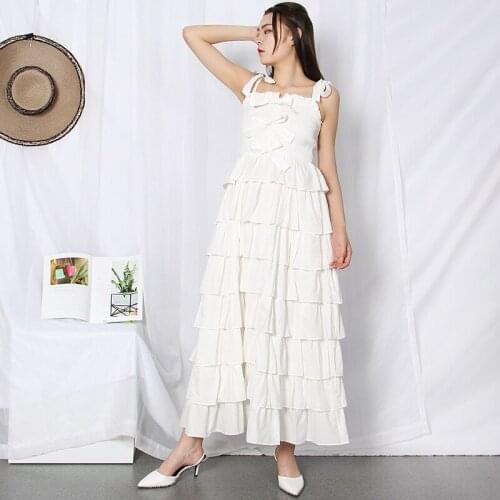 Ruffles Fashion Women Sling Bow Long Dresses Yellow Color Summer Good Quality Ball Gown Holiday Dress Vestidos Clothing
