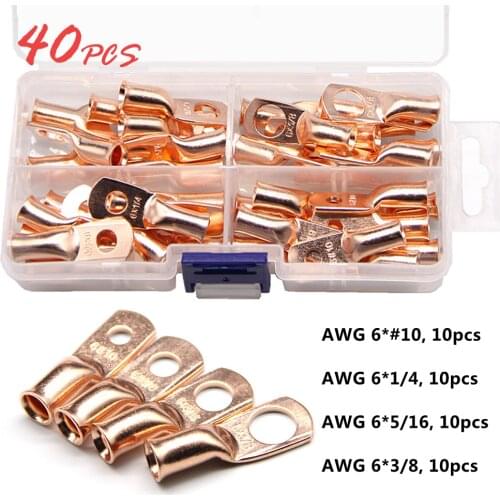 40PCS Copper Ring Terminal Wire Crimp Connector Bare Cable Battery Terminals Assortment Car Auto Kit