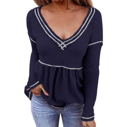 Women Sexy Deep V Neck Loose Blouse Long Sleeve Large Hem Stripes Pullover Top