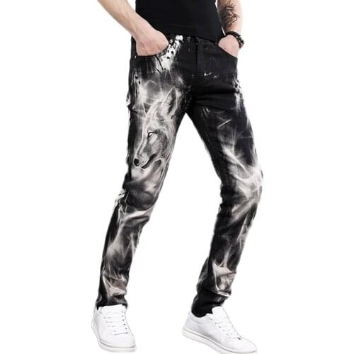 Mens Fashion Wolf Printed Denim Jeans New Spring Summer Slim Black Painted Straight Pants Cool Streetwear Male Long Trousers