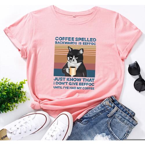 Womens Graphic Tees Cotton Short Sleeve Crew Neck T Shirt Tops Female Summer Clothes Funny Cat Drink Cofffee