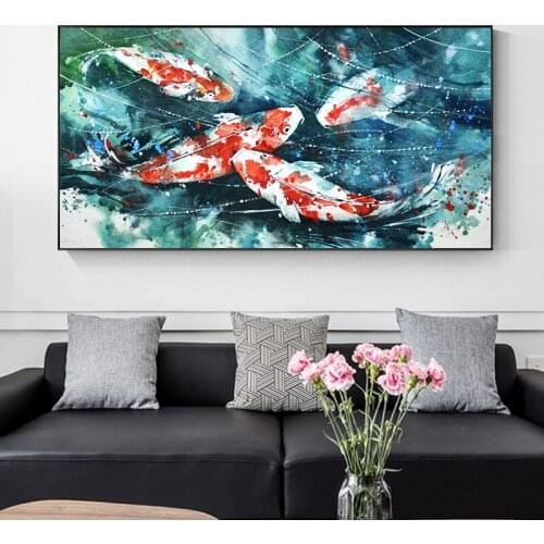 Canvas Painting Koi Fish Lotus Pond Oil Painting on Canvas Posters and Prints Cuadros Wall Art Pictures For Living Room Decor