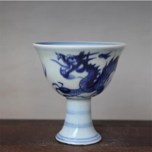 Collection Chinese Old Antique Porcelain Ming Xuande Year Blue & White Porcelain Painting 12 Zodiac Animal Dragon High Foot Cup