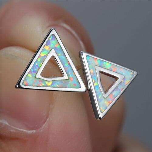 Cute Hollow Triangle Small Stud Earrings Trendy Female White Blue Opal Earrings Vintage Silver Color Wedding Earrings For Women