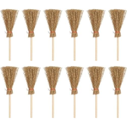 12Pcs Mini Broom Red Rope Straw Brooms Hanging Decorations for Halloween Party Costume Witch Broom Dollhouse Decor Accessories