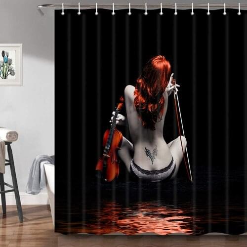 Fashion Sexy Woman Shower Curtains Pretty Tattoo Girl with Violin in Black Fabric Shower Curtain