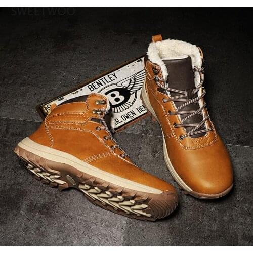 Winter Warm Men Boots Genuine Leather Fur Plus Men Snow Boots Handmade Waterproof Working Ankle Boots High Top Men Shoes