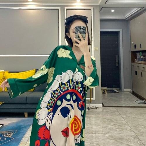 Chinese nightdress long-sleeve new arrival womens lapel home service digital printed bathrobe large size silky pijama mujer