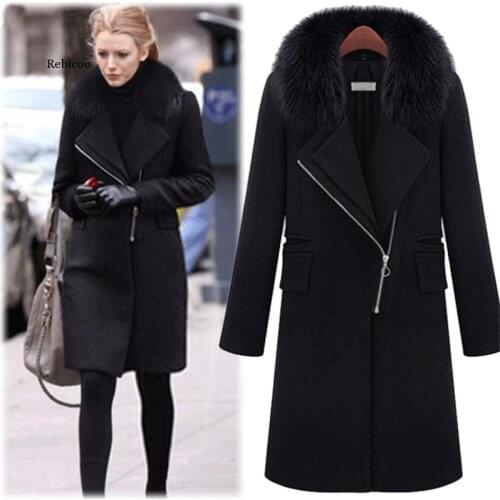 New Fashion Detachable Wool Collar Plush Coat Long Slim Woolen Coat