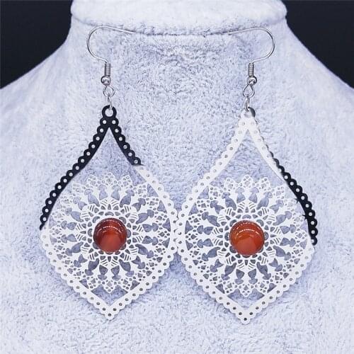 Flower Natural Stone Stainless Steel Drop Earrings Women Silver Color Big Bohemian Earring Jewelry boucles d oreille femme EXS04