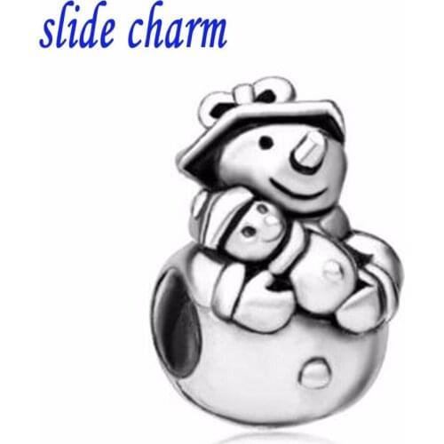 Slide charm Free shipping Fashion Jewelry Christmas gifts hold the baby snowman charm beads fit Pandora bracelet