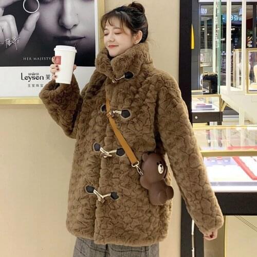2021 Autumn Winter Women Faux Fur Coat Female Stand Collar Long Sleeve Outerwear Female Warm Loose Fake Lambs Wool Jacket M350