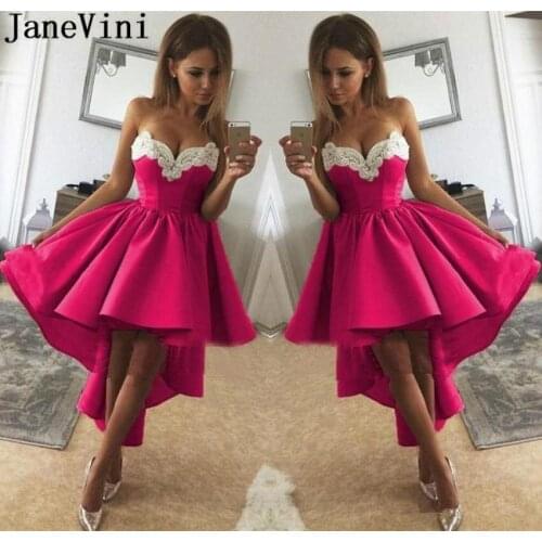 JaneVini Sexy Fuchsia High Low Cocktail Dresses 2020 Beaded White Lace Appliques Short Front Long Back Graduation Party Dress