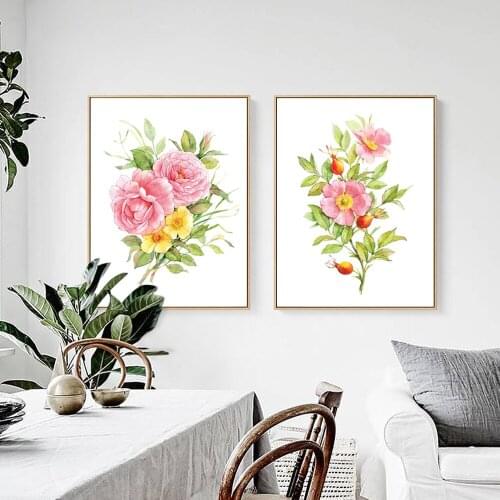 Unframed Modern Watercolor Canvas Art Print Painting of Chinese Rose and Chinese Trumpet Creeper Flower,Wall Picture LZ749&LZ750