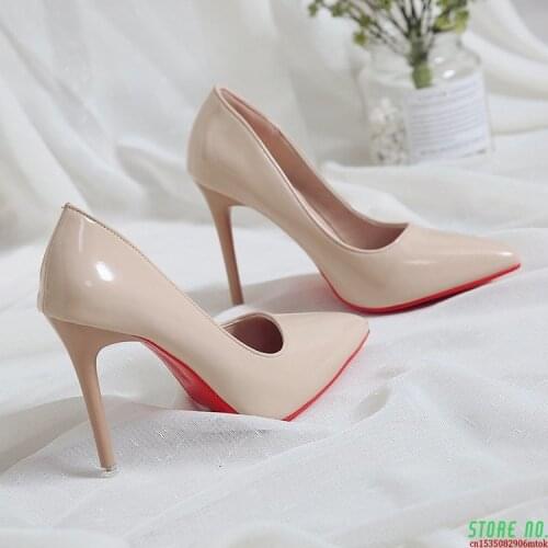 Nude Color Small Fresh High Heels Patent Leather Stiletto Single Shoes Korean Sexy Pointed Pumps Black Professional Work Shoes