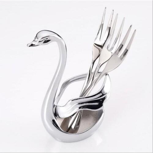 Creative Stainless Steel Cutlery Cygnus Fork Spoon Set Fruit Fork Dessert Cake Fork Swan Storage Rack Cutlery Set High-end