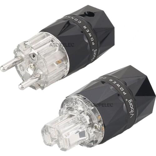 VIBORG Clear Diamond Shell Rhodium Plated 99.998% Pure Red Copper Schuko EU Male Plug / IEC Female Power Connector HiFi 503