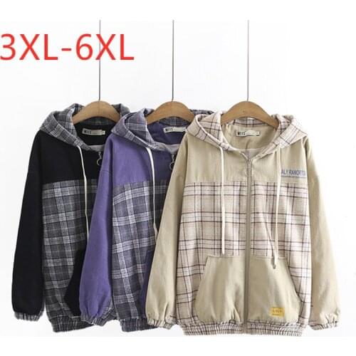 New 2021 Ladies Autumn Winter Plus Size Hoodie Jacket For Women Large Long Sleeve Loose Cotton Plaid Zipper Coat 3XL 4XL 5XL 6XL