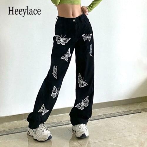 Pants Women 2021 New Butterfly Printed Korean Style Zipper High Waist Black Fashion Female Straight Harem Pants with Belt Jeans