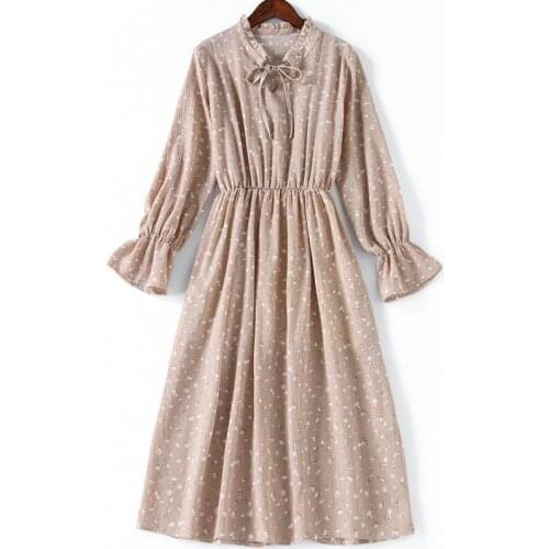 Ladies Autumn Chiffon Dress Floral Printed Petal Sleeve Bow Bandage Stand Neck A-line Mid-calf Women Long Dresses