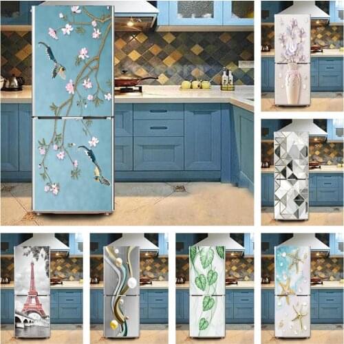 Flower Bird 3D Sticker For Fridge Waterproof Kitchen Wallpaper Furniture Decoration Poster Door Mural Refrigerator Cover Decals
