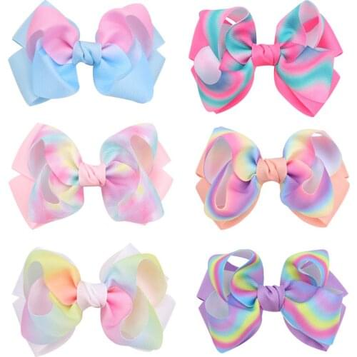 CN 2pcs/lot Grosgrain Ribbon 4'' Hair Bows With Alliator Clips Latest Cartoon Boutique Rainbows Hairbow 4 inches Hairbows