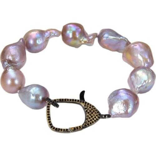 JK 8" Natural Purple Keshi Pearl Bracelet Gunmetal CZ Clasp