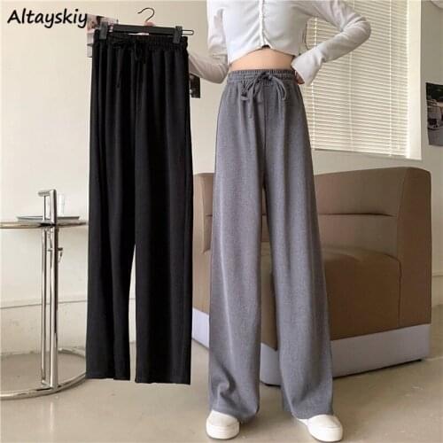 Casual Pants Women Pure Color Loose Comfortable All-match Full Length Drawstring Wide Leg Trousers Simple High Waisted Ladies