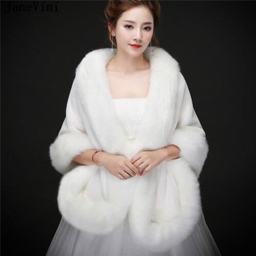 JaneVini Elegant Wedding Faux Fur Shawls Women Winter Wraps Warm White Fur Boleros Bridal Jacket Evening Coat Fourrure Blanche