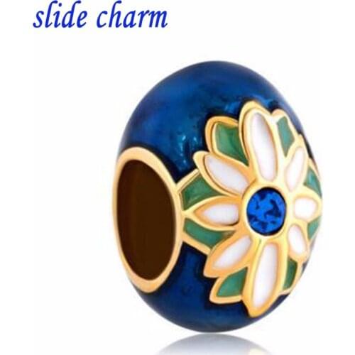 Slide charm Free shipping Egg Lucky Charms Blue Crystal Daisy Lucky Charms Bead fit Pandora bracelet