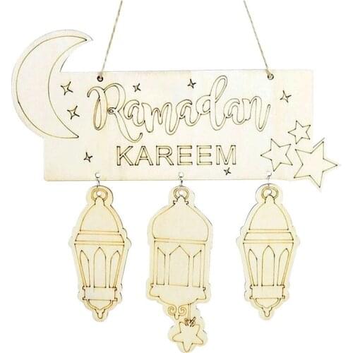 Eid Mubarak Ramadan Decor Wooden Pendant Eid Mubarak Hanging Banner Wood Crafts For Home Islamic Muslim Party Wreath Supplies