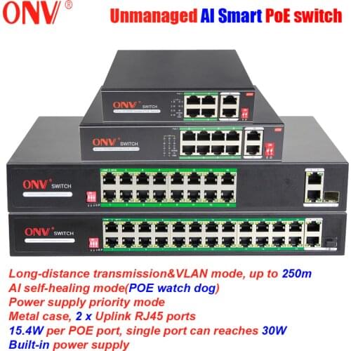 ONV Unmanaged Smart 100M PoE Switch IEEE 802.3af/at VLAN 250m Transmission AI Self-healing Watch Dog for IP Camera Wireless AP