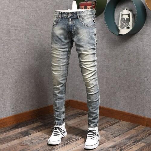 Autumn New Mens Vintage Jeans Slim Fit Straight Pants Distressed Cotton Denim Trousers