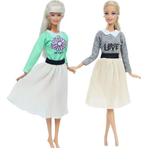 2 Pcs/Pack Handmade Doll Dress for Barbie Doll Fashion Long Sleeves Knitwear Blouse Shirt Pleated Skirt Clothes Accessories Toy