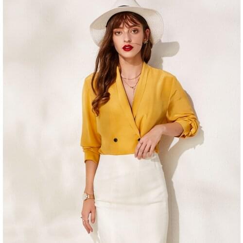 Quality Real Silk Suit Style Shirt Autumn 100% Mulberry Silk Long Sleeve Blouse V-neck Loose Top M L XL Free Shipping