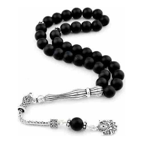 Silver Matte Black Onyx Gemstone Prayer Rosary Men Sphere Cut Rosary With Silver Tassel Turkish Ottoman Coat of Arms Tassel 925