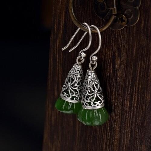 Earings Fashion Jewelry S925 Pure Inlay Restoring Ancient Ways Ms Hetian Jade Lotus Pendant Earrings Wholesale High-grade Joker