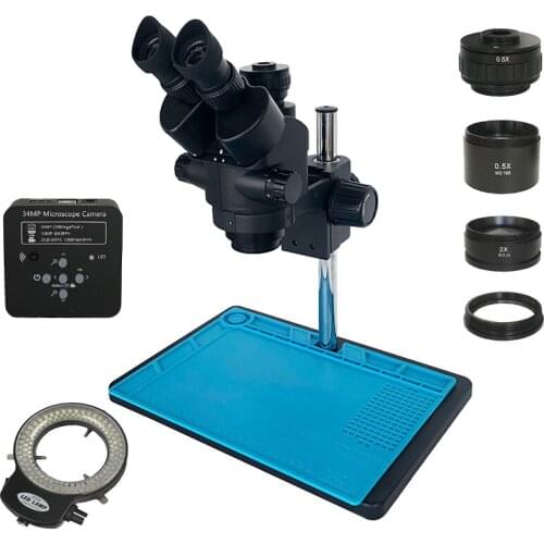 Simul Focal 3.5X-90X Trinocular Stereo Microscope Continuous Zoom 1080P 34MP HDMI TF USB Video Camera 144 LED Ring Light