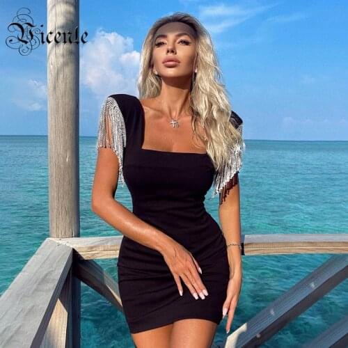 VC Chic Black Mini Dress Crystal Chain Tassels Design Square Collar Celebrity Party Club Bandage Vestido Free Shipping