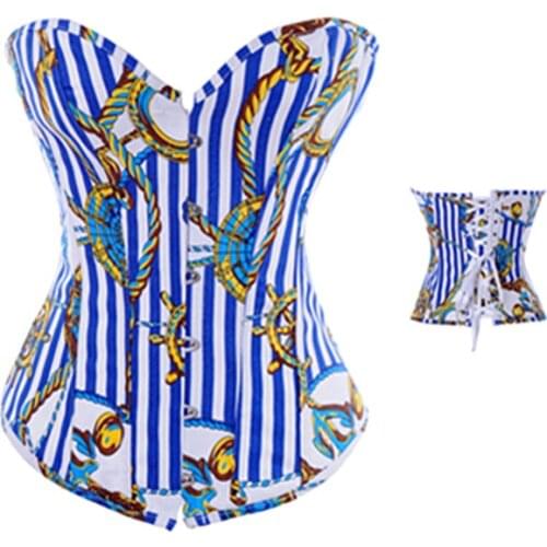 Vertical Stripe Corset Blue Bustier Overbust Corset Push Up Corselet Top Woman Sexy Sliming Body Shapewear M1960