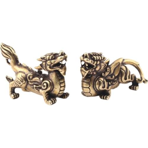 2PC Vintage Pi Xiu Decor Brass Pi Xiu Kylin Decoration Creative Household Ornament Chinese Mythical Animal Crarfts for Home Dorm