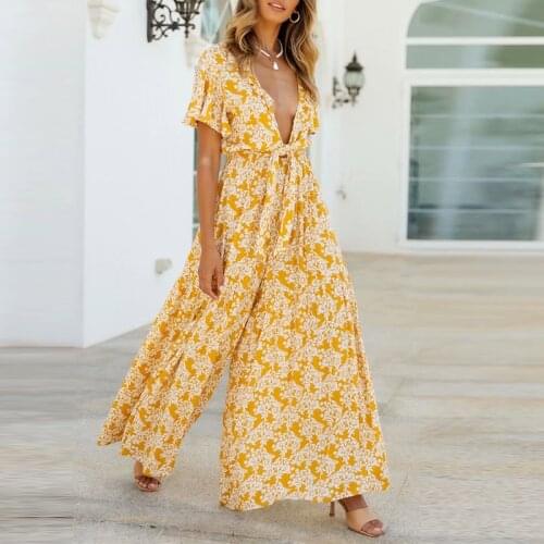 Sexy Deep V-Neck Fashion Floral Print Jumpsuits Bow Tie Short Sleeve Wide Legs Beach Playsuits Ruffles Summer INS Long Rompers