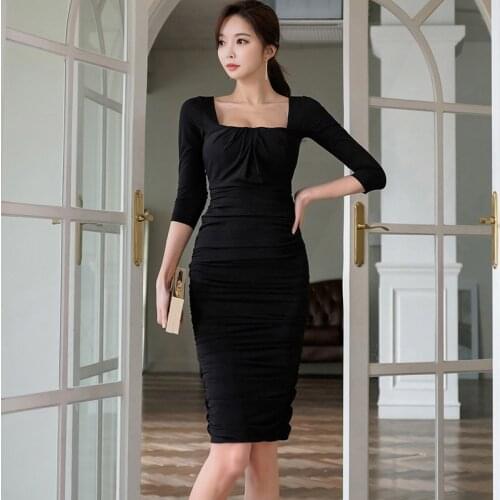 Womens Elegant Cold Backless Sexy Chic Red Cocktail Party Slim Fit Dresses Square Collar Long Sleeve Design Bodycon Midi Dress