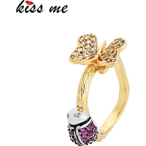 KISS ME Gold Color Rings for Women Korean Trendy Crystal Beetle Butterfly Wedding Ring Female Fashion Accessories